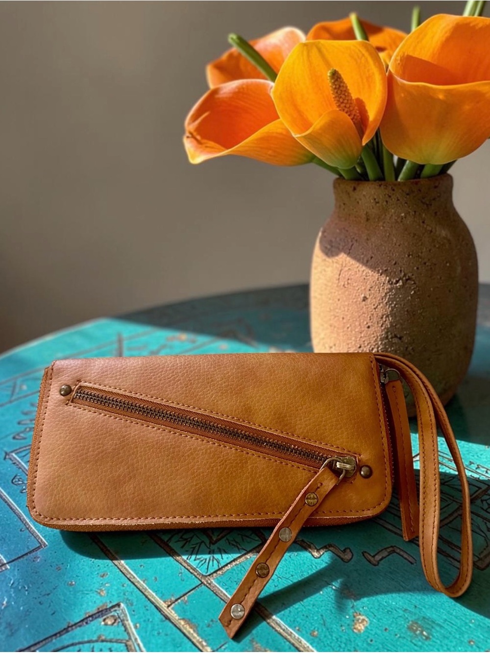 Free People Leather Wristlet Wallet with Diagonal Zip Wraparound Zipper Recycled
